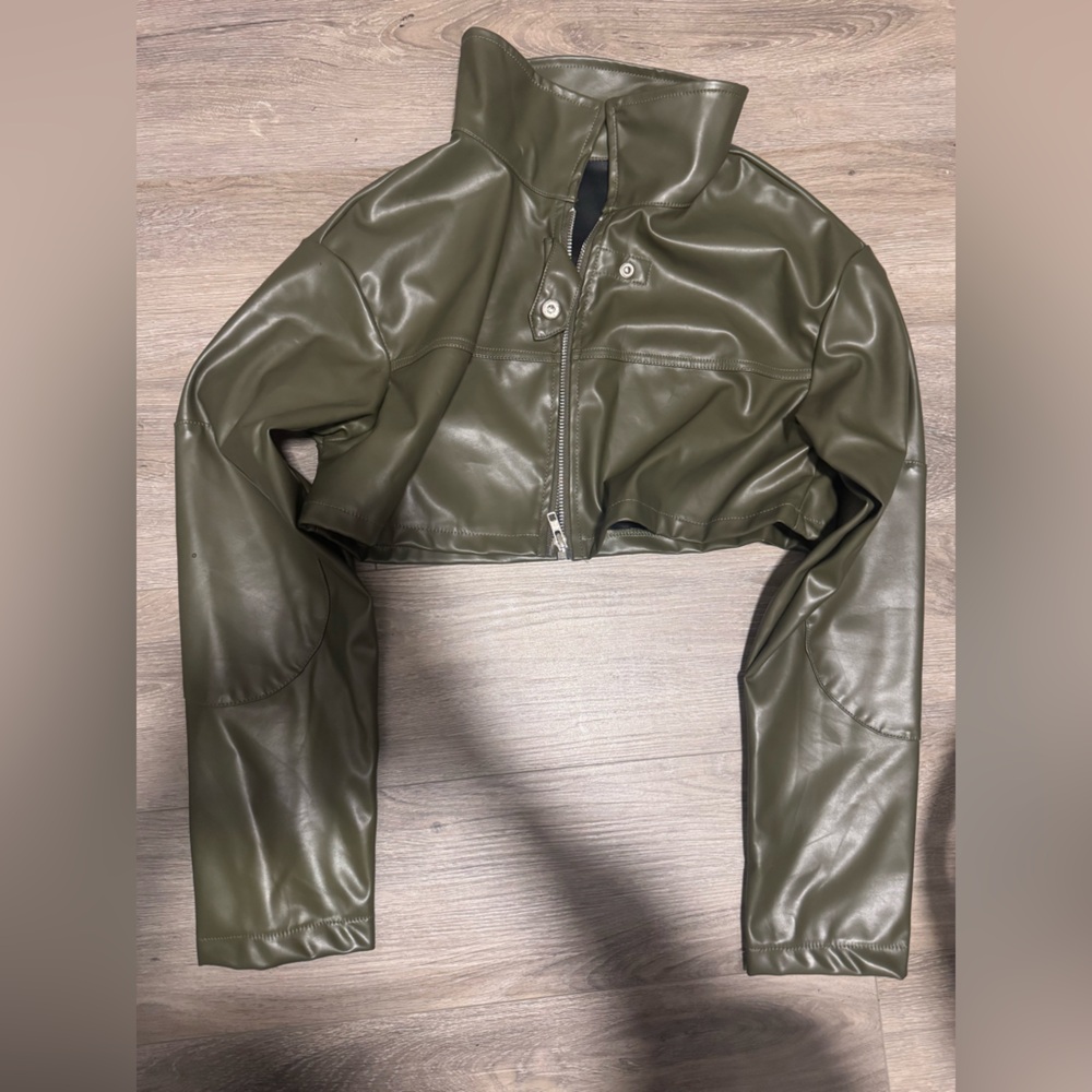 SHEIN Olive Green Cropped Faux Leather Jacket